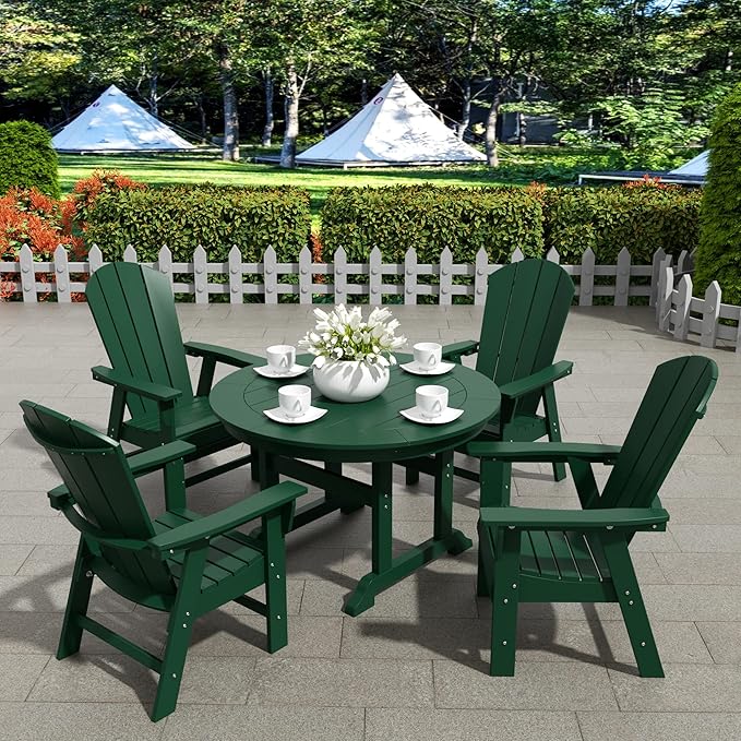 WestinTrends Malibu 5 Piece Adirondack Outdoor Dining Set, All Weather Poly Lumber Patio Table and Chairs Furniture Set, 43" Trestle Square Dining Table and 4 Adirondack Dining Chair, Dark Green