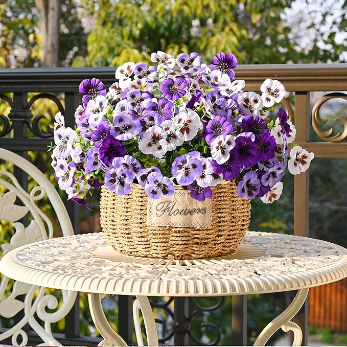 Waipfaru 36 Bundles Artificial Pansy Flowers for Outdoor, UV Resistant Faux Silk Flowers for Outdoor Planters Front Door Porch Yard Patio Window Box Home Decor (White, Purple, Light Purple)