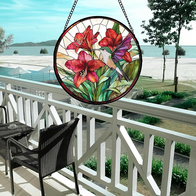 AMDERVEN Stained Glass Window Hanging - Hummingbird On Red Lily Flower Sun Catcher for Door Garden Decor Suncatcher Christmas Mother's Day Birthday Gifts for Bird Lovers Women Men Mom Nana 7.8 in