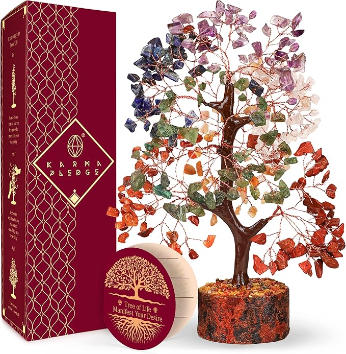 KARMAPLEDGE 7 Chakra Healing Crystal Tree of Life with Manifestation Card, Handmade Copper Wire Crystal Tree for Good Luck, Positive Energy, Wealth, Reiki Healing, and Decor, Gift for Women and Mom