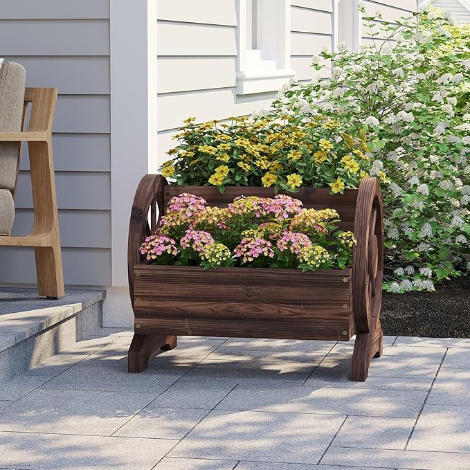 Wooden Wagon Planter Box, Standing Garden Planter, Decorative Outdoor Container