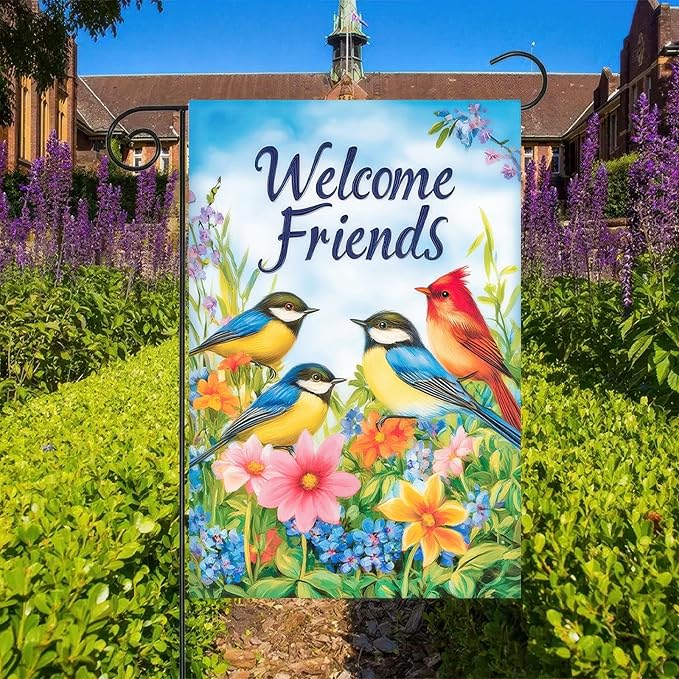 Welcome Spring Garden Flag 12x18 Double Sided Birds and Flowers Yard Flags Welcome Friends Garden Flags Decorative Outside Outdoor House Spring Summer Decoration for Outdoor Lawn Patio