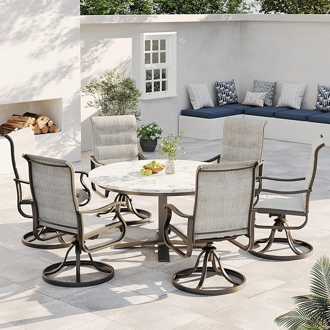 Patio Swivel Chairs Set of 6, Outdoor Dining Chairs with High Back, All-Weather Swivel Rocker Chair for Lawn, Porch or Garden (Padded Grey)