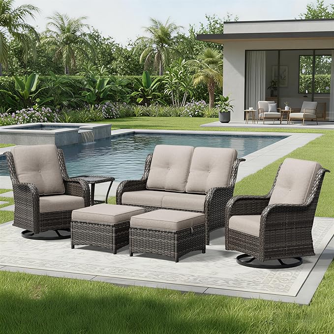 Joyside 6 Piece Wicker Patio Furniture Set, Outdoor Swivel Rocker Patio Chairs with High Back, Deep Seating, Wide Armrest, Thickened Cushions, Outdoor Furniture for Deck, Porch Use