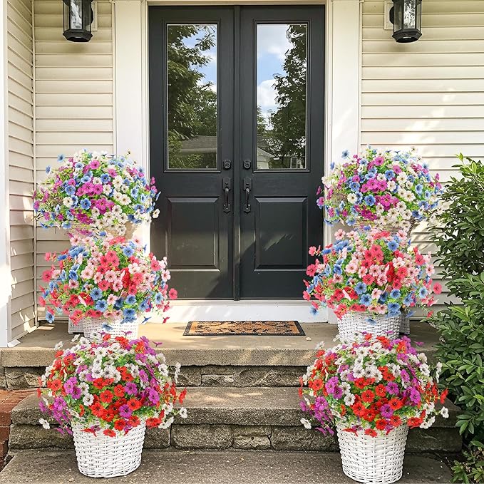 Artificial Spring Flowers Outdoors UV Resistant Plastic Flowers Outdoors Faux Flowers Fake Plants Outside for Garden Porch Planters Silk Flowers Daisy Decor, 6 Bundles (Mix White Blue Purple)