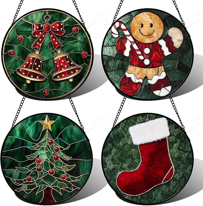AMDERVEN Stained Glass Window Hanging 4 Pcs Set Red Christmas Stockings and Gingerbread Large 11.8" - Suncatcher Door Garden Sun Catcher Decor Birthday Mother's Day Xmas Gifts for Mom Woman Nana Men