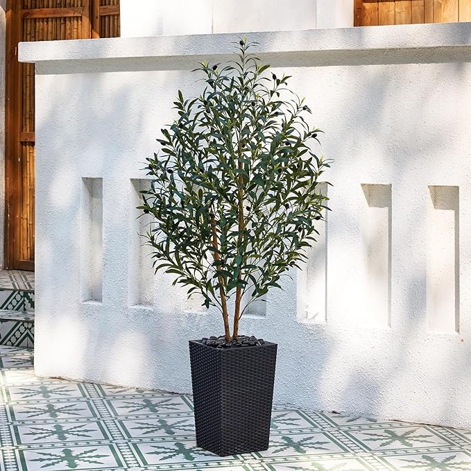 OAKRED Artificial Olive Tree 5FT Faux Olive Tree - Adjustable Branches UV Resistant with Black Taper Planter and Pebbles - Faux Plants Indoor for Living Room, Office Decor and Bedroom