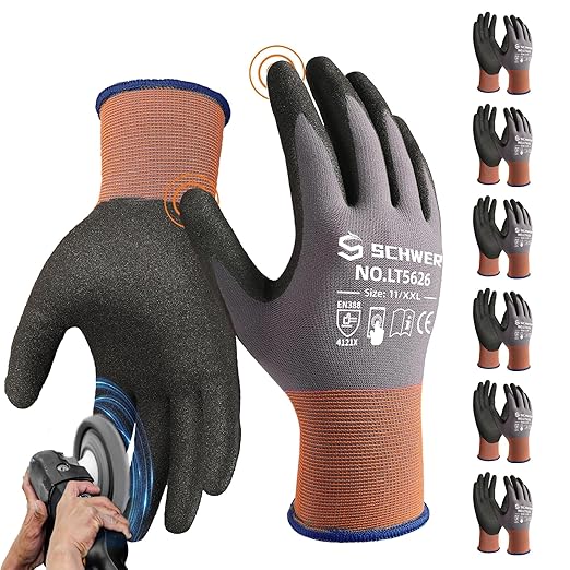 Schwer 6 Pairs Safety Work Gloves Sandy Nitrile Coated LT5626, Max Abrasion Resistant Heavy Duty Working Gloves with Grip for Men Women, Touch-Screen, for General Use, Mechanic, Construction, XXL