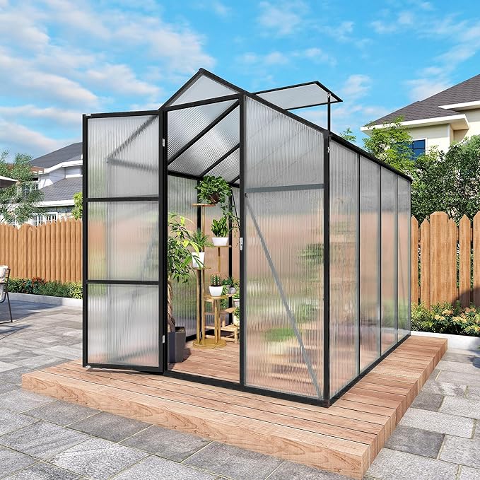 7.2FT High 6.1*8.1FT Greenhouse for Outdoors, Polycarbonate Greenhouse with Stronger Wind Protection and Roof Vent,Walk-in Large Aluminum Sunroom Winter Proof,Black
