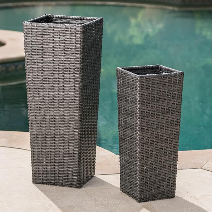 32"H Outdoor Rattan Flower Pots Set of 2,Patio Wicker All-Weather Planter Set,Rattan Plant Pots with Iron Frame for Herb Garden,or Indoor Decor,Large & Small Sizes, No Assembly Required Gray