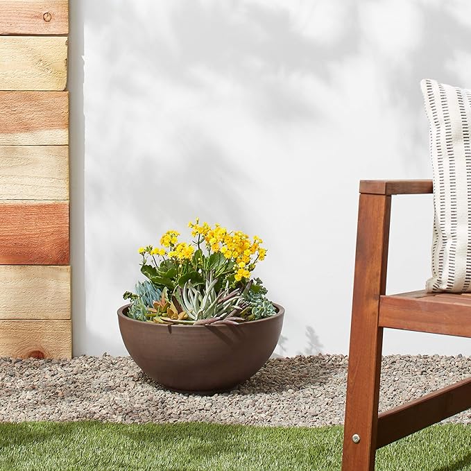 PSW Pot Collection 15x8 inch Plastic/Stone/Wood Composite Square Planter – No Drainage Hole (Drillable), Simplicity Bowl, Chocolate