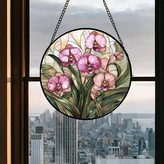 AMDERVEN Stained Glass Window Hanging - Pink Phalaenopsis Orchid Green Leaves Sun Catcher for Door Home Decor Flower Suncatcher Christmas Mother's Day Birthday Gifts for Women Men Mom Nana 11.8 in