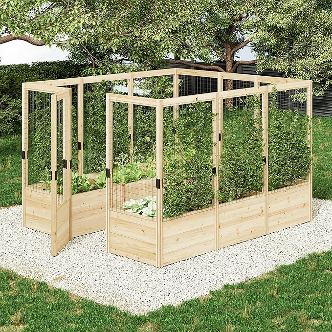 AMERLIFE Raised Garden Bed with Deer Proof Fence, 7.5Wx9Dx6H Outdoor Wooden Raised Garden Bed Planter with 19" Depth Planter Box