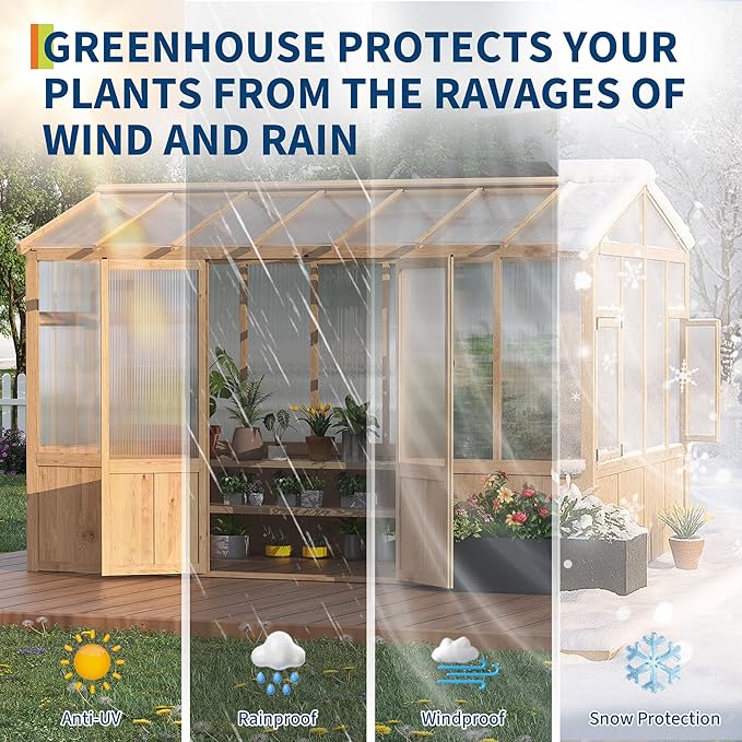 10X12 FT Heavy Duty Walk-in Wooden Greenhouse - Outdoor Green House Kit with 6mm Polycarbonate, Ventilated Window & Lockable Door for Backyard, Patio, Lawn