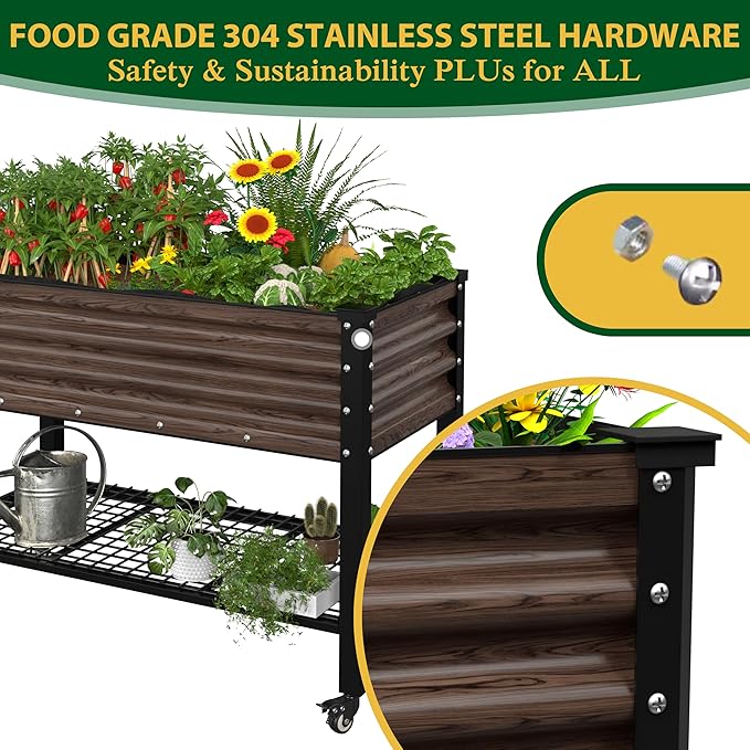 48" W x 24" D x 34" H Galvanized Raised Garden Bed with Lockable Wheels, Raised Garden Beds Outdoor with Drainage Gaps & Shelf, Planter Boxes Outdoor for Backyard, Patio, Balcony, Rustic