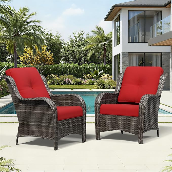 Joyside Patio Chairs Set of 2, Wicker Patio Furniture with High Back, Deep Seating, Wide Armrest, Thickened Cushions, Outdoor Rattan Furniture for Deck, Porch Use
