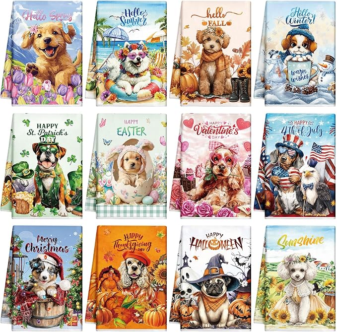 Peryiter 12 Pcs Seasonal Kitchen Towels Set for All Holidays, Seasonal Hand Dish Tea Towels Bulk Valentine's Day Absorbent Dishcloths Housewarming Gift for Cooking Kitchen Bathroom(Cute Dog)