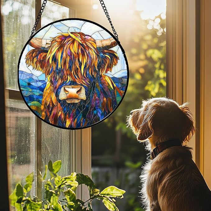 Stained Glass Window Hanging - Highland Cattle Suncatcher for Door Terrace Garden Home Decor Western Style Brown Cow Sun Catcher Birthday Gifts for Lovers Women Men Dad Mom Nana 7.8 in