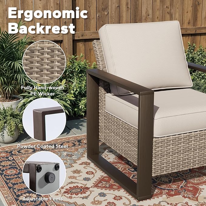 Joyside Outdoor Patio Chairs, 3 Pieces Wicker Rattan Furniture Set, 2 Patio Chairs and 1 Table, Metal Wide Armrest, Thick Cushions and Deep Seating for Garden, Backyard, Porch, Deck