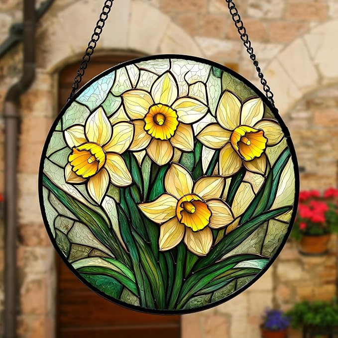 DASTOLL Stained Glass Window Hanging, Daffodil Plant Flowers Sun Catchers Diamond Glass Panel Hangings Suncatcher Decor for Birthday for Women, Men, Wife, Aunt, and Mom 11.8x11.8 in