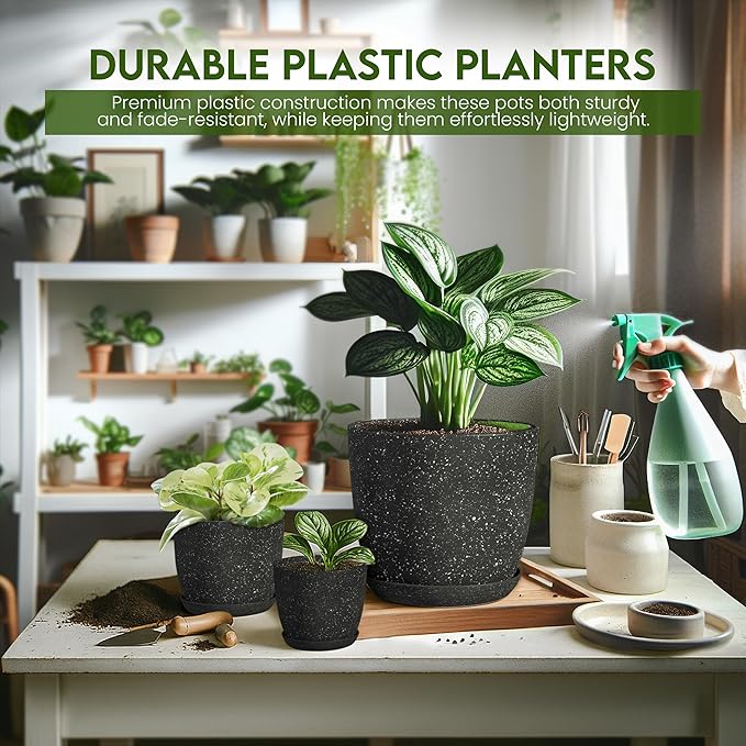 Utopia Home - Spotty Plant Pots Indoor with Drainage - 7/6.6/6/5.3/4.8 Inches Flower Pots - 5 Pack Plastic Planters - Ideal for Stocking Stuffers - (Speckled Black, Pack of 10)
