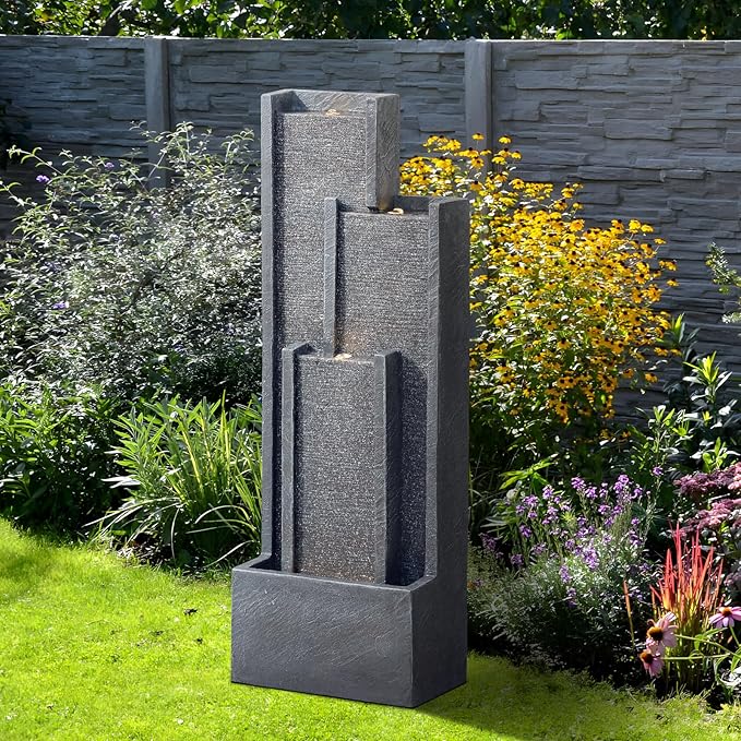 39" Modern Outdoor Water Fountain with LED Lights – Grey Tiered Geometric Indoor Waterfall Fountain for Garden, Lawn, Porch or Backyard Décor, Floor Standing Resin Patio Water Feature Outside