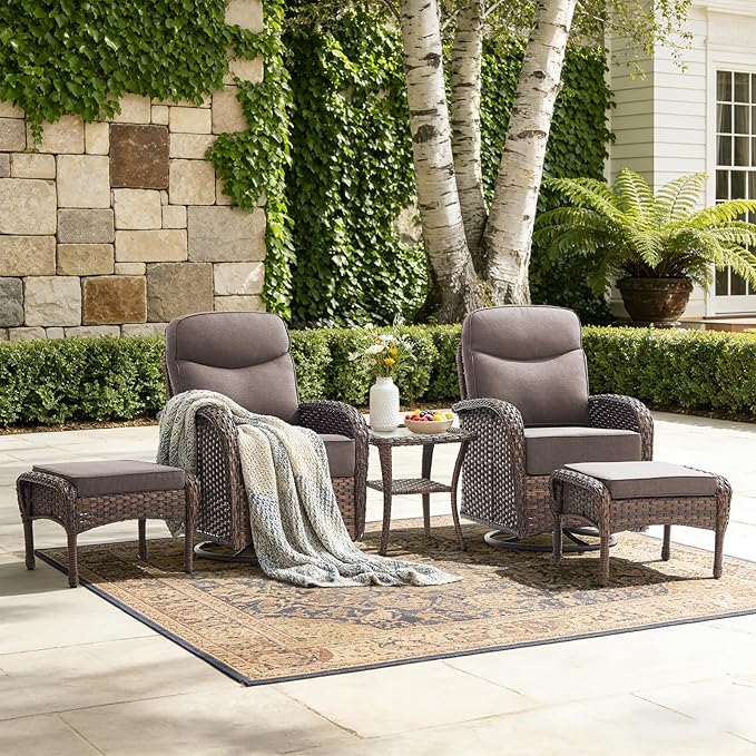 Luxury Patio Furniture Set with Swivel Chairs & 6-Inch Thick Cushions, Outdoor High Back Swivel Rocker Patio Chairs, 5PCS Wicker Outdoor Furniture Set for Porch, Yard, Deck, Poolside, Brown/Grey