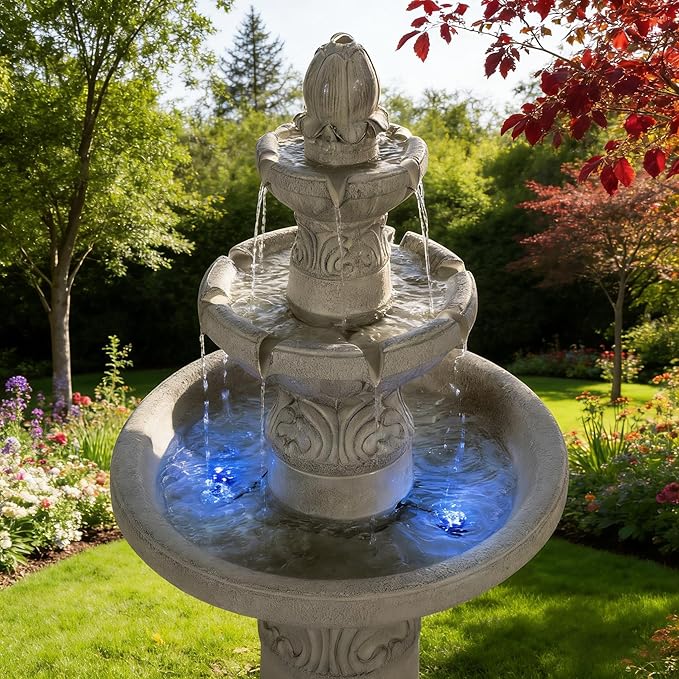 52" H 3-Tier Outdoor LED Garden Fountain, Large Floor Standing Cascading Waterfall with Bubbler Design, Resin Water Feature for Patio Yard Garden, Gray