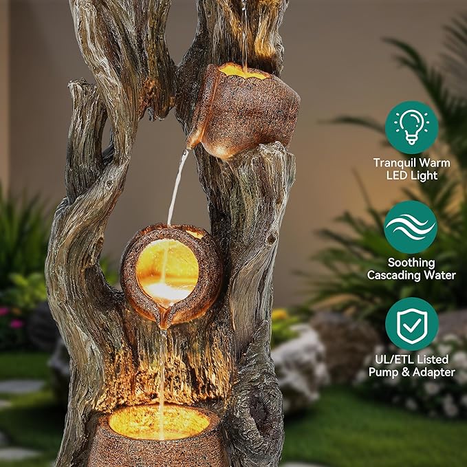 42.7in Tall Outdoor Water Fountain with LED Lights, 3-Tier Rainforest Waterfall Tree Trunk and Jar Garden Fountain, Ideal for Serene Relaxing Patio, Yard or Porch