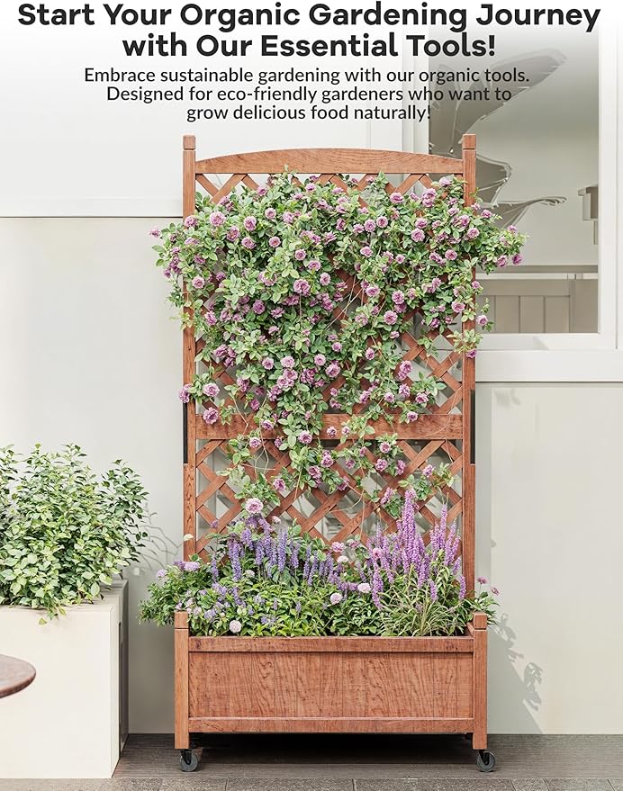 1 PCS Wooden Planter Box with Trellis, 29.5x13x61.5 in – Elevated Raised Garden Bed with Drainage Holes & Locking Wheels – Perfect for Outdoor, Balcony, or Indoor Gardening – Quick Assembly