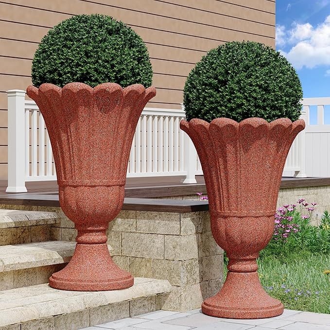 seethmi 23" Tall Planters for Outdoor Plants Set of 2, Planter with Drainage Holes and Petal Design, Large Outdoor Planters for Porch, Garden, Indoor, Red