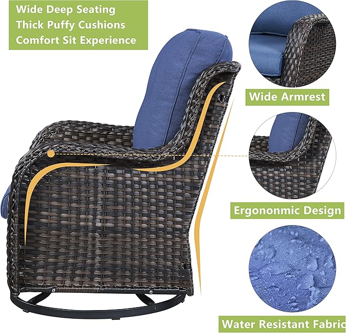 Rilyson Wicker Patio Furniture Set - 4 Piece Rattan Outdoor Sectional Conversation Sets with 2 Swivel Rocking Chairs,2 Ottomans for Porch Deck Garden(Brown/Blue)