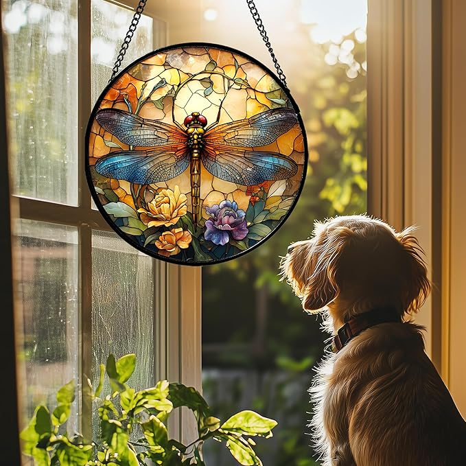 HWRHTR Stained Glass Window Hanging - Orange Blue Dragonfly Flower Suncatcher for Doors Window Home Sun Catchers Decor Christmas Mother's Day Birthday Outdoor Gifts for Women Men Mom Nana 6.3 in