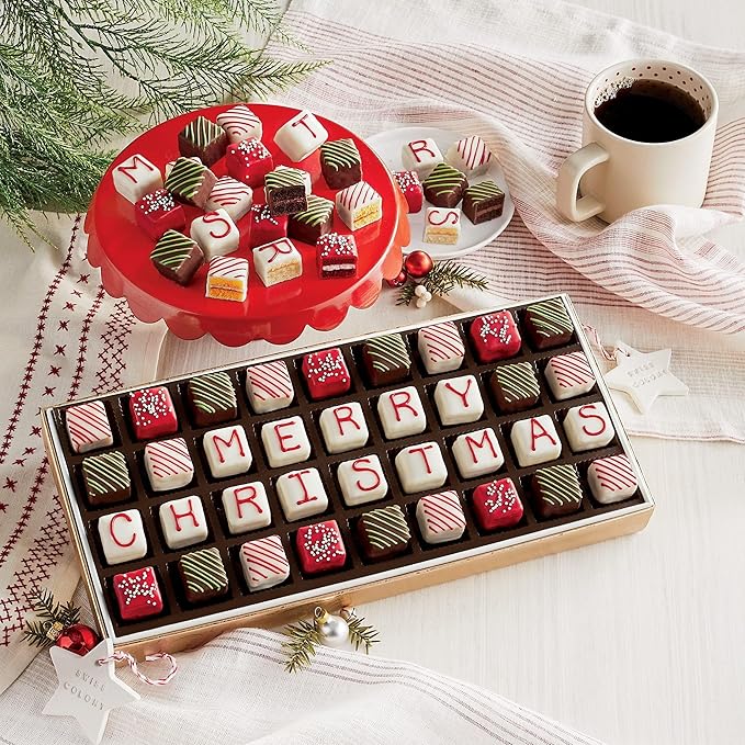 3 Holiday Gift Boxes - The Swiss Colony Merry Christmas Petits Fours Triple Gift Bundle - Gourmet Mini Layer Cakes, Red Velvet, Strawberry, Double Chocolate, and Vanilla Treats, Includes 3 Gift Boxes