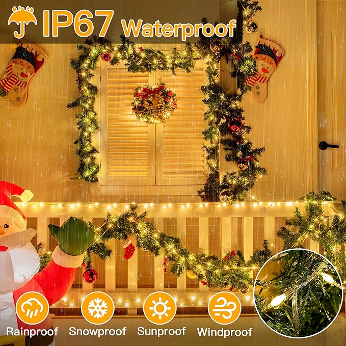 Ollny Christmas Lights Warm White, 600LED 197FT Christmas Tree Lights IP67 Waterproof, Plug in Fairy Lights with Remote 8 Modes Timer, Xmas Light for Outdoor Indoor House Holiday Decor (Pack of 2)