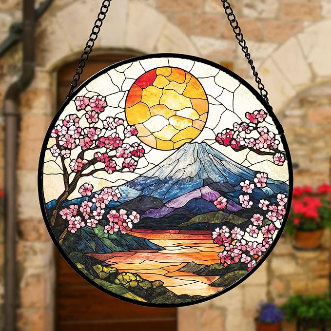 DASTOLL Stained Glass Window Hanging, Sun Blooming Cherry Blossoms Suncatcher Diamond Glass Panel Sun Catchers Decor for Birthday for Women, Men, Wife, Aunt, and Mom 9.8 in