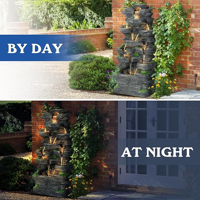 Garden Waterfall Fountain Outdoor - Water Fountains and Waterfalls, Outdoor/Indoor Floor Standing Resin Water Fountain with LED Light for Patio, Garden and Backyard, Deck, Porch, Home (40" H)