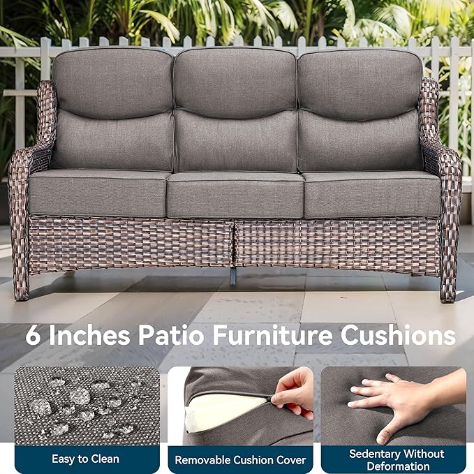 Luxury High Back Outdoor Furniture with 6-Inch Thick Cushions, Patio Furniture Set with Swivel Chairs, 6 PCS Wicker Conversation Set for Porch, Balcony, Deck and Yard