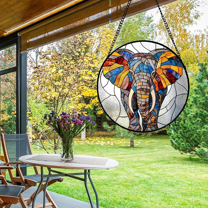 AMDERVEN Stained Glass Window Hanging, Colorful Elephant Sun Catcher for Door Home Decor Animal Suncatcher Christmas Mother's Day Birthday Gifts for Women Men Mom and Nana 7.8 in