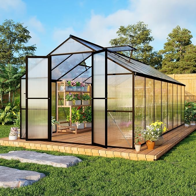 8X16 FT Large Greenhouses, 6 FT Height Aluminum Walk in Greenhouse with 2 Roof Vent, Quick Setup Polycarbonate Greenhouse with Rain Gutter for Outdoor Backyard Garden, Black