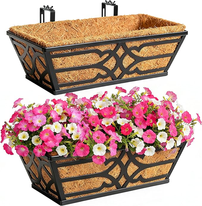 Railing Planter Box, Window Planter Boxes Outdoor 2 Pack 16 Inch Hanging Planter with Adjustable Bracket for Porch, Fence Flower Baskets with Coco Liners
