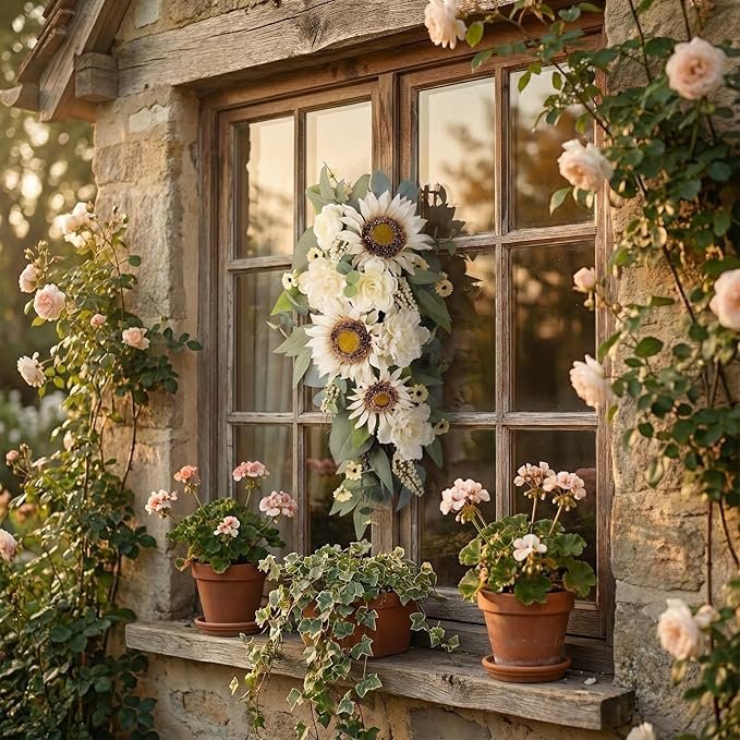Summer Swag - 28” Sunflower, Peony, Rose Teardrop Swag for Front Door, Porch Wall, Window - Artificial White Flowers Teardrop Wreath for Home Spring, Summer, Fall, All Seasons, Everyday Decor (1)