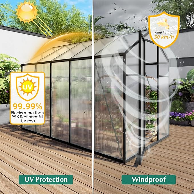 6x10 FT Greenhouse,Outdoor Greenhouse W/ Roof Vent,Walk-in Aluminum Polycarbonate Green House W/ Drainage System & Ground Nails,Green Houses for Outside Garden,Backyard,Patio,Lawn,Black