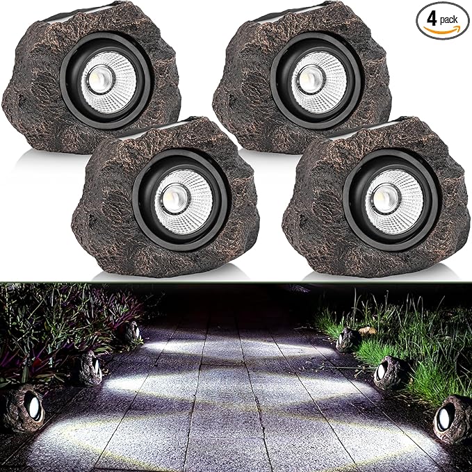 Solar Garden Rock Lights Outdoor - IP65 LED Waterproof Solar Spotlight, Solar Powered Landscape Path Decorative Garden Stone Lights for Pathway, Walkway, Yard, Patio (4 Pack)