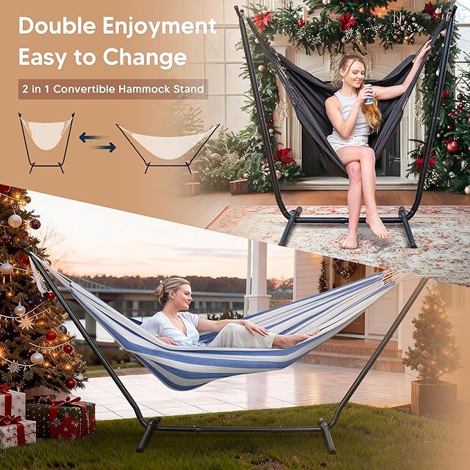 SUNCREAT 2-in-1 Convertible Free Standing Hammock with Stand Included, Camping Backyard Hammock with Stand, Patented, Blue & White Stripe