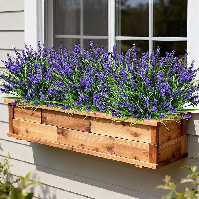 16 Bundles Artificial Plants Outdoor, UV Resistant Fake Lavender & Monkey Grass, Realistic Plastic Faux Plants for Balcony, Patio, Porch Greenery Decor, Planter Filler(Purple)