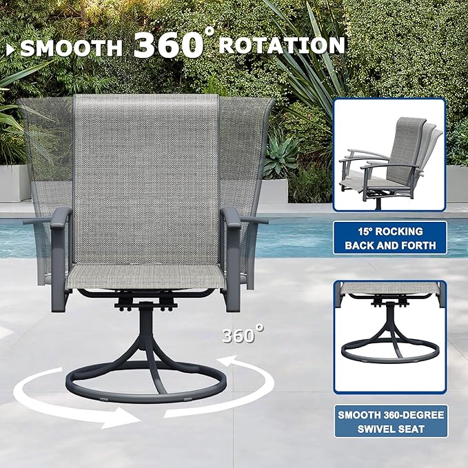 5 Pieces Outdoor Table and Chairs for 4, 42" Black Round Table with 4 Grey Swivel Chairs, Patio Set with Swivel Chair, Garden Tables for Outdoor, Patio Dining Set for Lawn Backyard Poolside