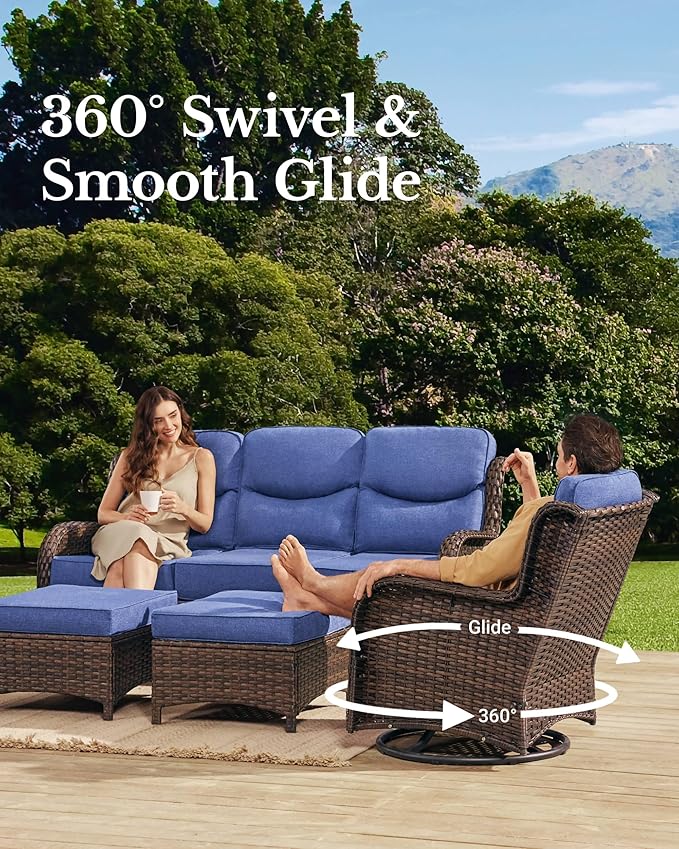 HILLGA Luxury Patio Furniture Set with 6-inch Thick Cushion, Outdoor Couch and High Back Swivel Rocker Patio Chairs, 6PCS Wicker Conversation Set for Deck Yard and Poolside, Blue (V2)