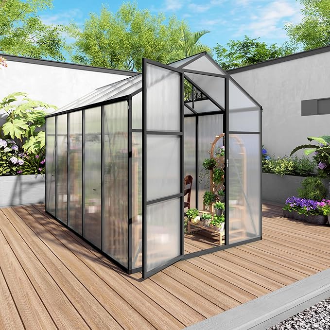 6x10 FT Greenhouse,Outdoor Greenhouse W/ Roof Vent,Walk-in Aluminum Polycarbonate Green House W/ Drainage System & Ground Nails,Green Houses for Outside Garden,Backyard,Patio,Lawn,Black