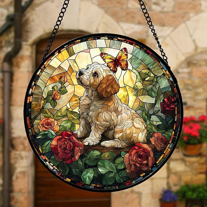 Stained Glass Window Hanging, Cute Dog and Flowers Suncatcher for Doors Home Butterfly Sun Catchers Decoration and Christmas, Mother's Day Birthday Gifts for Women, Men, and Mom 9.8 in